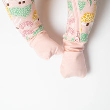 Load image into Gallery viewer, pink yellow giraffe print organic sleeper with cuff over feet &amp; hands.