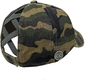 Camo Criss Cross Ponytail hat with sunglass holder buttons back view
