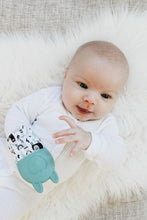 Load image into Gallery viewer, Itzy Ritzy Teething Mitt Teal Llama. Textured crinkles and velcros over hand. Food grade silicone.