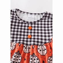 Load image into Gallery viewer, Halloween pumpkin plaid ruffle dress. Super soft &amp; stretchy. Close up of black &amp; white checkered pattern.