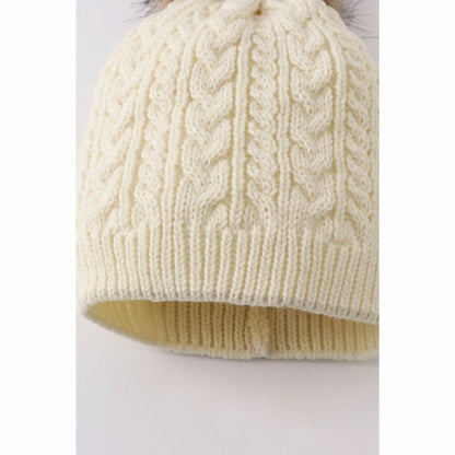 Close up of Cream cable knit pom pom beanie winter hat - Little Gift Nook