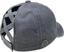 Load image into Gallery viewer, Criss Cross Ponytail Hat in gray with side sunglass holder buttons back view