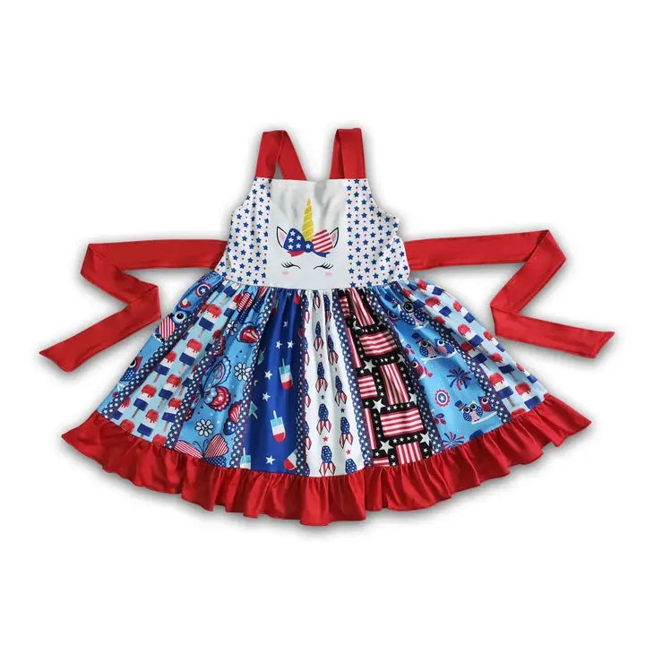 Unicorn Patriotic 4th July Twirl Dresses. Ties in back. Super soft & stretchy.