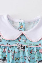 Load image into Gallery viewer, Teal white collar with pink gingham trim farm print dress for kids close up of collar. Cow Dress.
