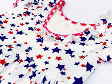 Load image into Gallery viewer, Red white &amp; blue stars gingham trim twirl dress. Perfect patriotic 4th dress! Laying flat.  sz 8/10