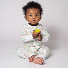 Load image into Gallery viewer, gray elephant organic cotton grow with me sleeper for baby on model.