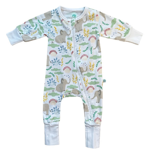 gray elephant organic cotton grow with me sleeper for baby.