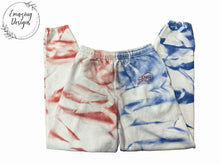 Load image into Gallery viewer, white cotton sweatpants with blue &amp; red tie dye legs Bills Mafia adult sizes