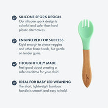 Load image into Gallery viewer, Eco-friendly bamboo baby forks have silicone spork design to make it easier for baby. Forks are rigid enought o pierce veggies, but gentle on tender gums.  BPA-free and substainable, these provide a safe and nautral option for baby meal time.