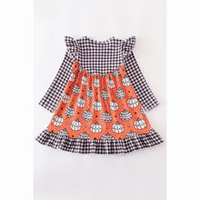 Load image into Gallery viewer, Halloween pumpkin plaid ruffle dress. Super soft &amp; stretchy. back view.