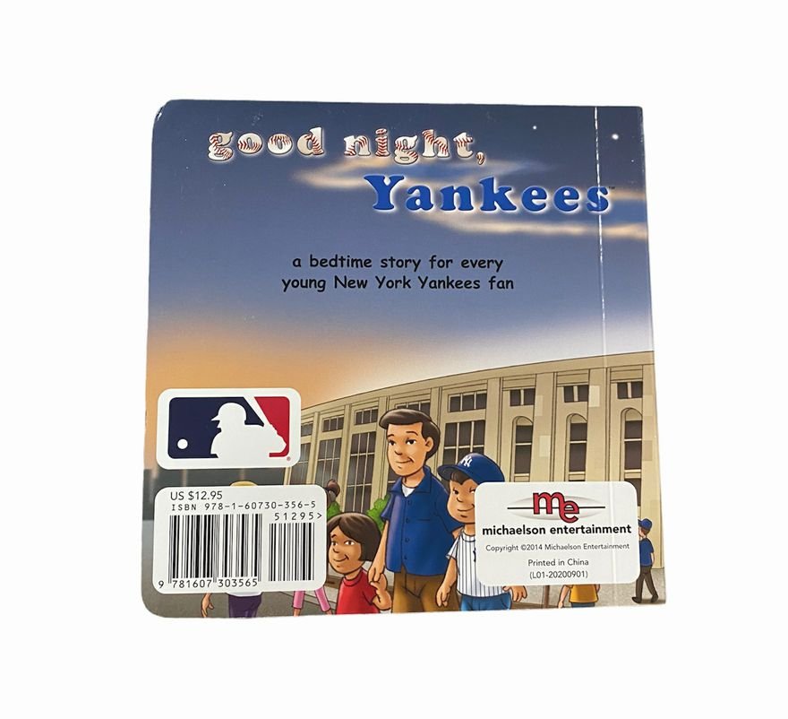 Back cover of "Good night Yankee's" Board book with image of family leaving game. Book sitting on a white background.