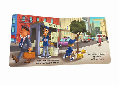 Inside pages of "Goodnight Yankees" baby board. Picture of New York streets and people getting ready for game with ticket sales and selling newspapers. Book sitting on white background.