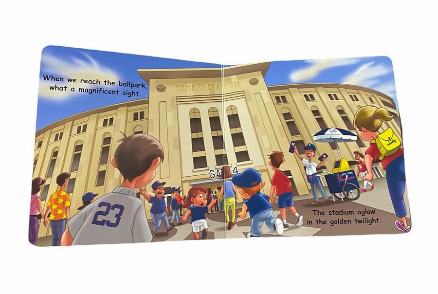 Good night, Yankees Board Book stadium pages inside book with fans and sellers outside stadium. 