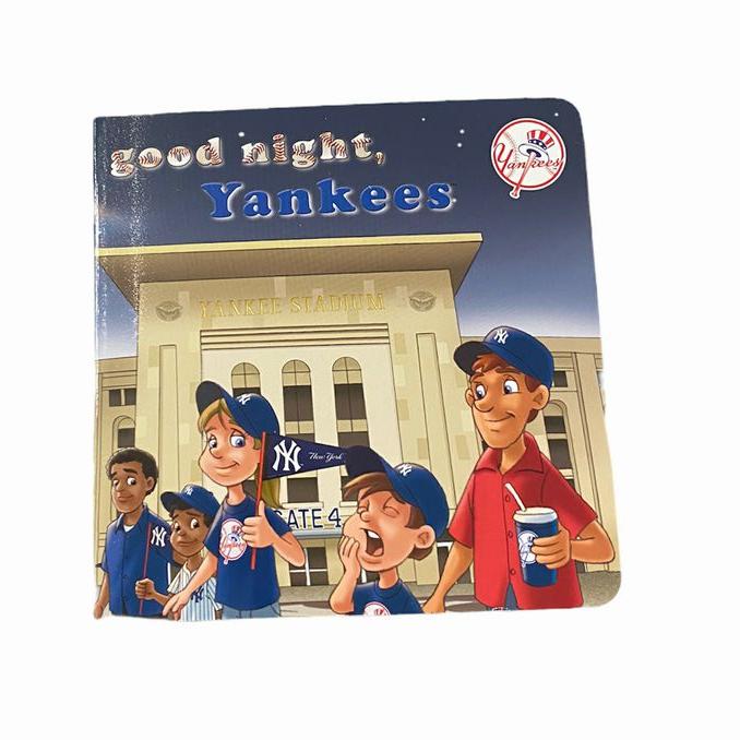 Good night, Yankees Board Book with blue front cover of kids leaving game tired on a white background.