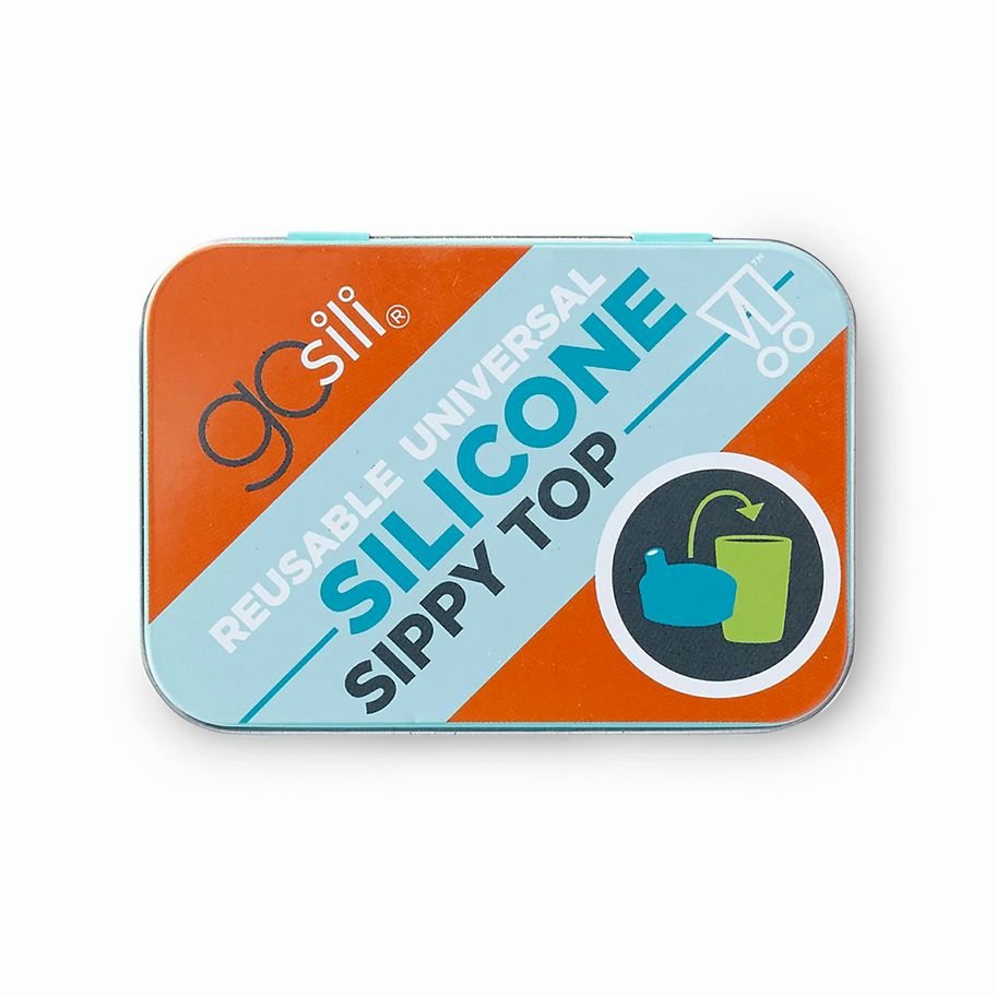 GoSili silicone sippy lid in metal tin on a white background. Little Gift Nook