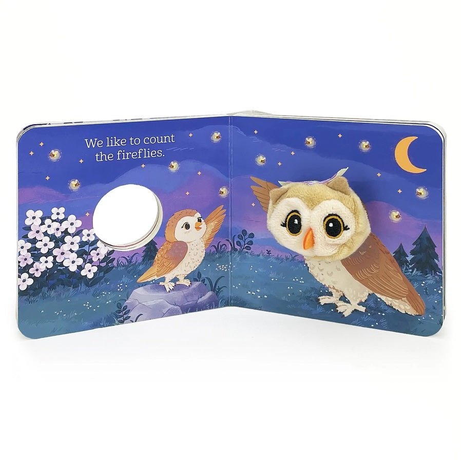 Grandma & Me Owl Puppet Board Book inside book with fireflies. 