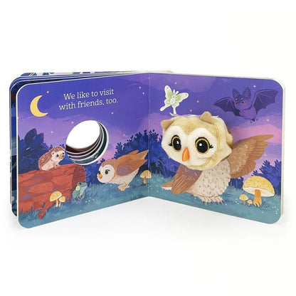Inside Grandma and me mini board puppet book with owls visiting friends.