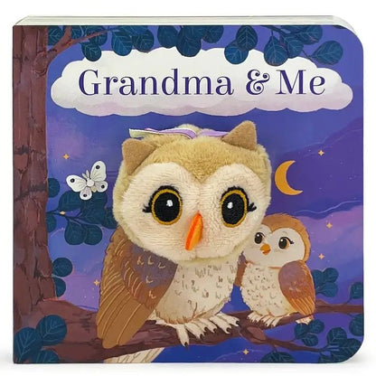 Grandma & Me Owl Puppet Board Book. Grandma and baby owl on front with owl head puppet sitting on white background.