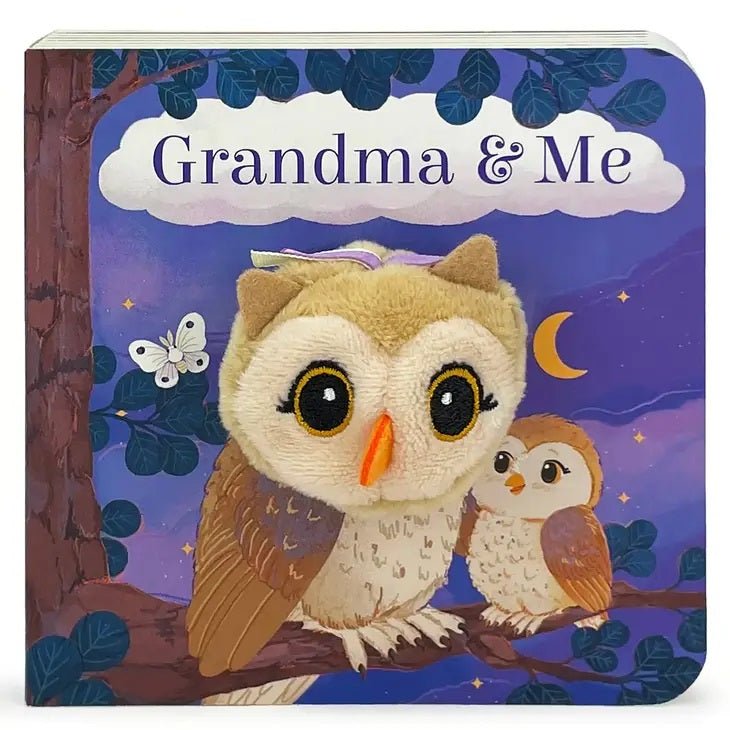 Grandma & Me Owl Puppet Board Book. Grandma and baby owl on front with owl head puppet sitting on white background.