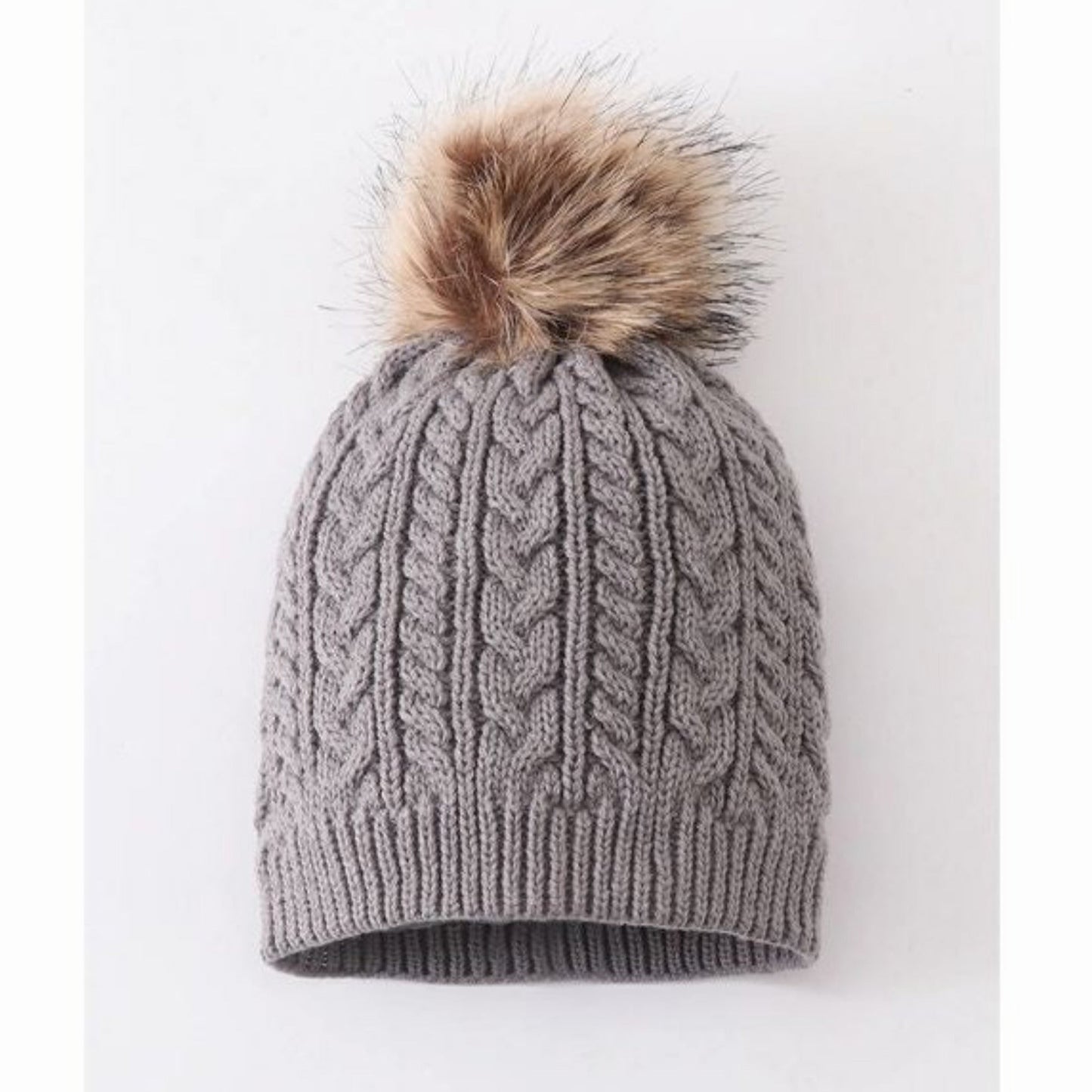 Grey cable knit pom pom child beanie hat. Tan faux fur pom pom.- Little Gift Nook