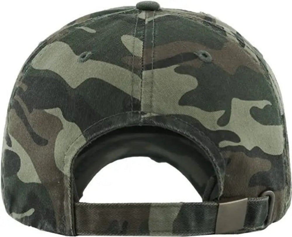 Green camo USA patched hat back view with adjustable clip sitting on a white background.