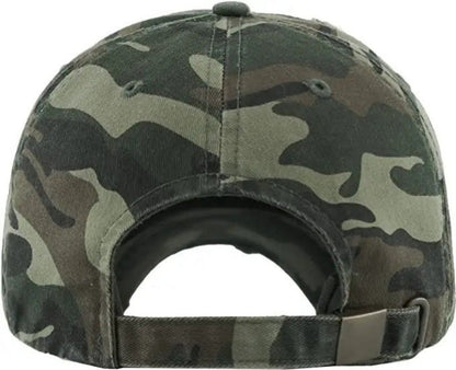 Green camo USA patched hat back view with adjustable clip sitting on a white background.