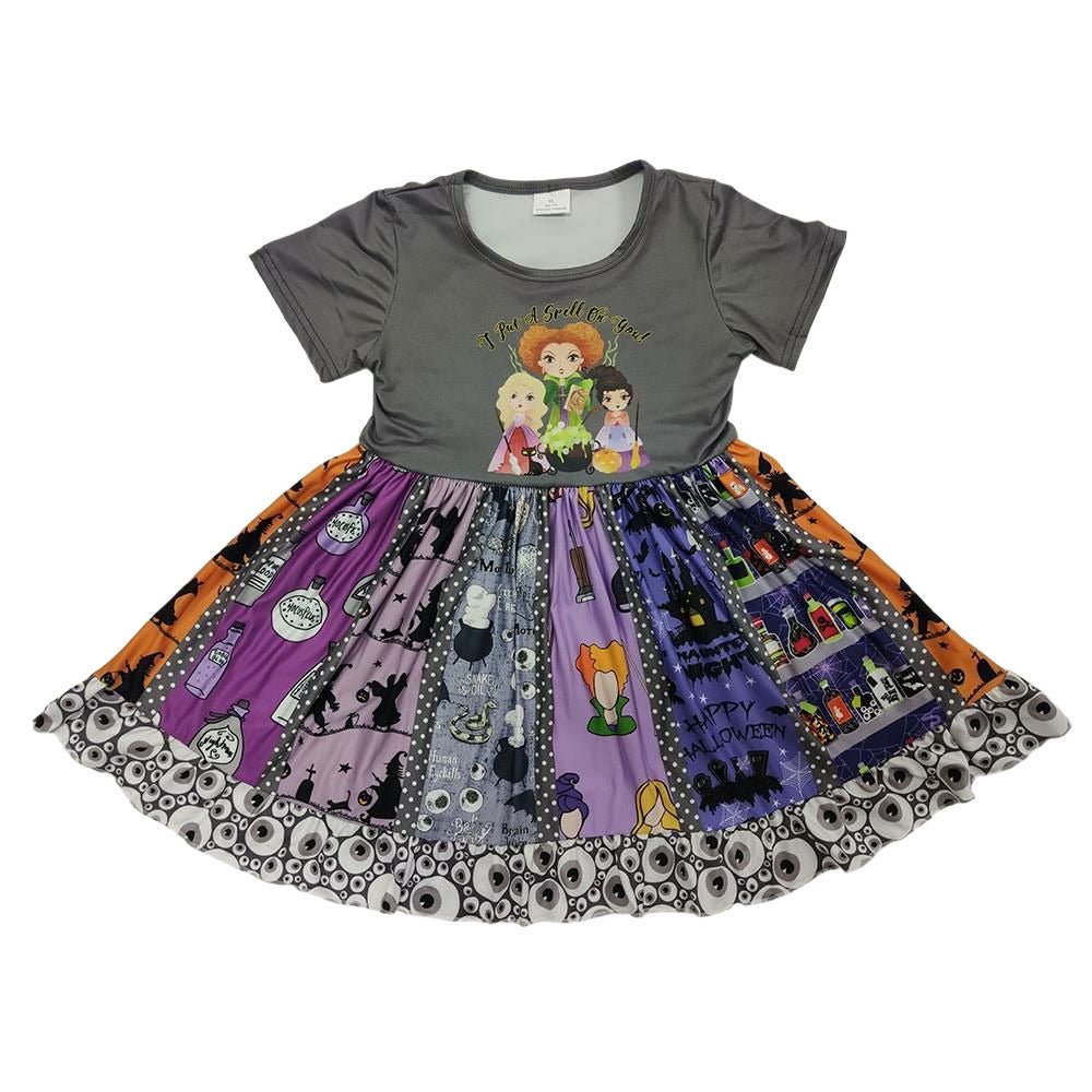 Gray purple and orange Hocus Pocus Theme witches twirl soft girls dress on a white background. Little Gift Nook
