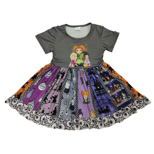 Gray purple and orange Hocus Pocus Theme witches twirl soft girls dress on a white background. Little Gift Nook