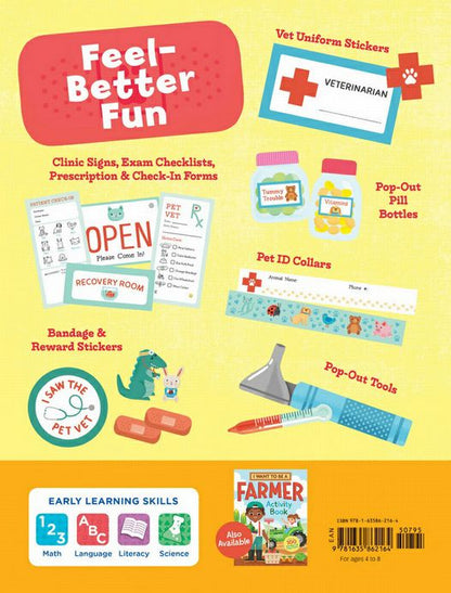 I Want to be a Vet Activity Book back cover with colorful activities listed.