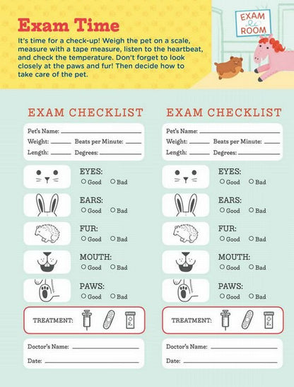 I Want to be a Vet Activity Book exam checklist. 