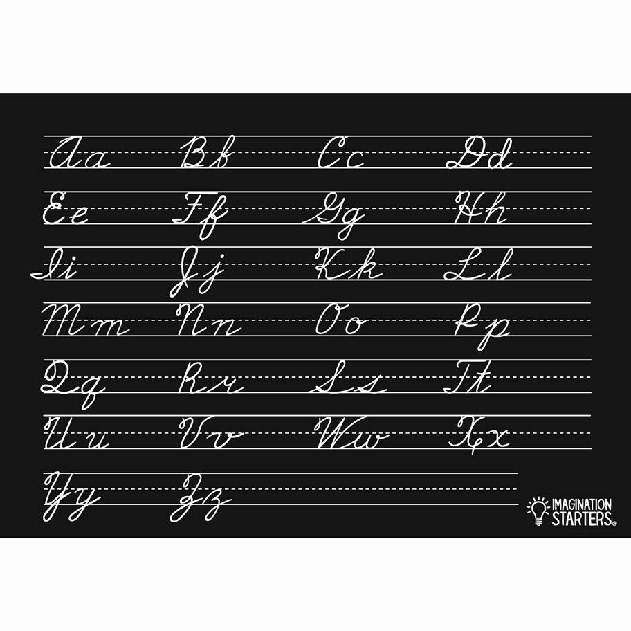 Imagination Starters Reusable Wipe Off Cursive Practice mat in black plastic with letters and lines for writing sitting on a white background. Little Gift Nook