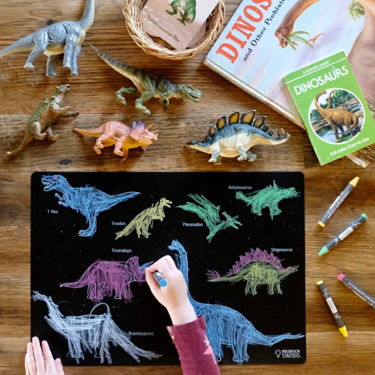 Imagination Starters Dinosaur wipe off black plastic Reusable Placemat with dinosaurs being colored by child's hand sitting on a wooden surface with crayons. 