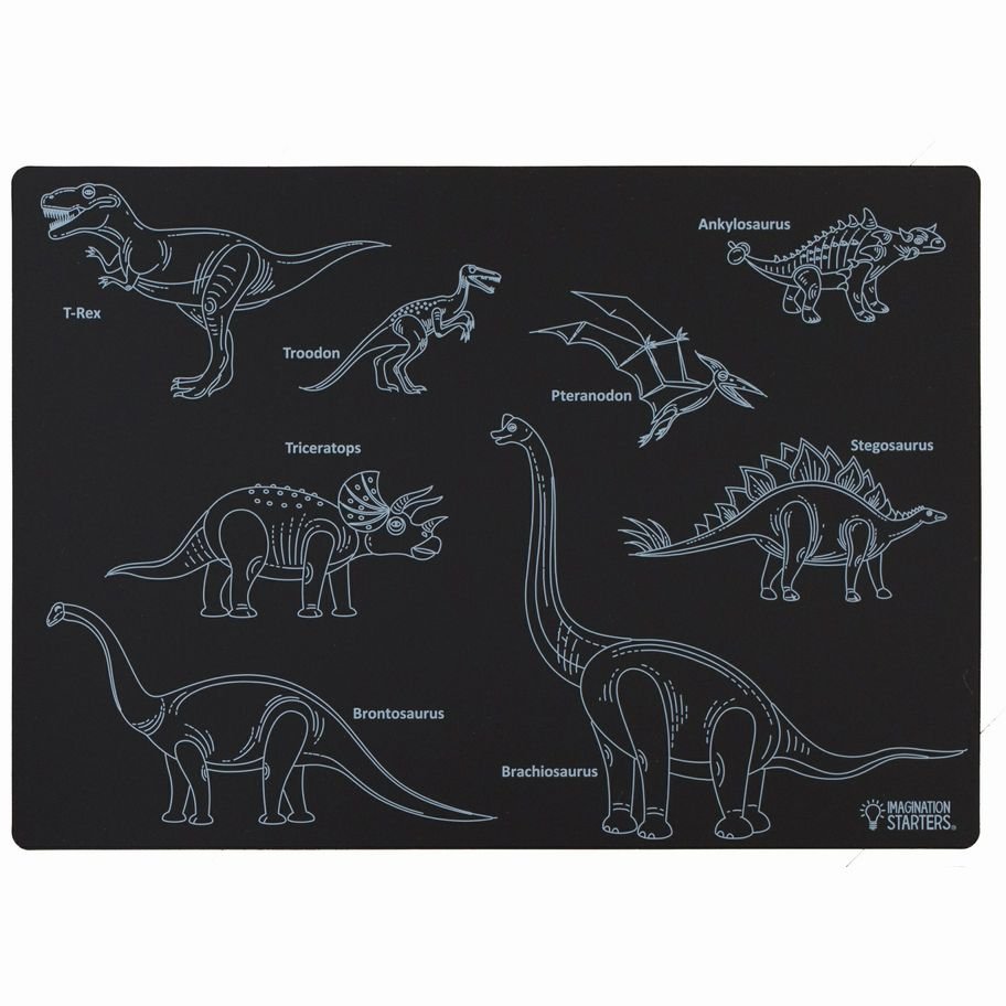 Imagination Starters Dinosaur wipe off black plastic Reusable Placemat with different dinosaurs to color in and names on a white background. - Little Gift Nook