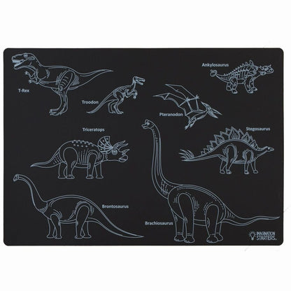 Imagination Starters Dinosaur wipe off black plastic Reusable Placemat with different dinosaurs to color in and names on a white background. - Little Gift Nook