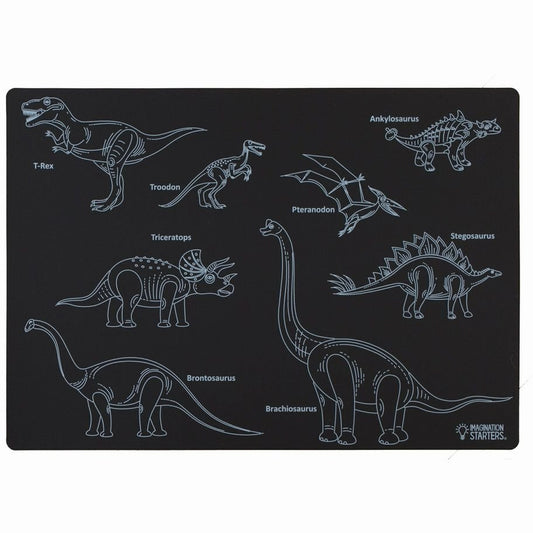 Imagination Starters Dinosaur wipe off black plastic Reusable Placemat with different dinosaurs to color in and names on a white background. - Little Gift Nook