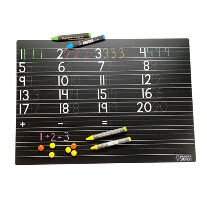 Imagination Starters Reusable wipe off Numbers Practice Placemat with crayons to trace and write sitting on a white background.
