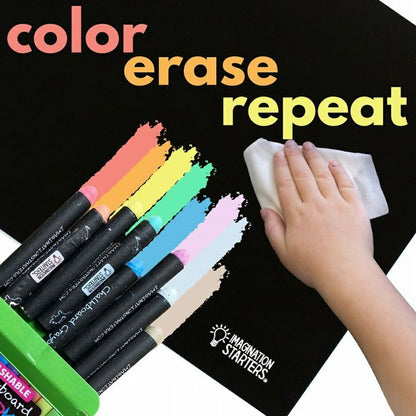 Imagination Starters Reusable wipe off Numbers Practice Placemat with crayons and hand wiping it off.