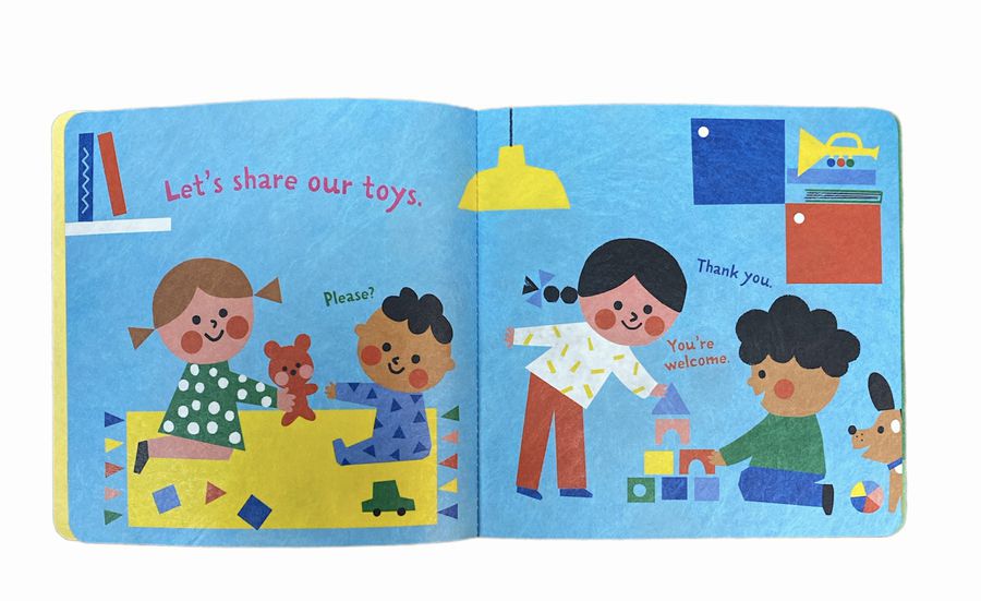 Inside Indestructible Let's Be Kind Book with children sharing toys.