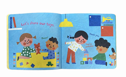 Inside Indestructible Let's Be Kind Book with children sharing toys.