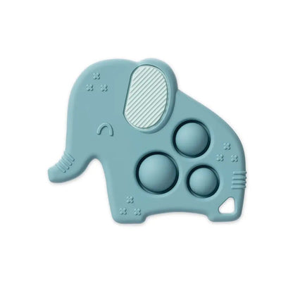 Blue elephant Itzy Pop teether popper toy sitting on a white background.