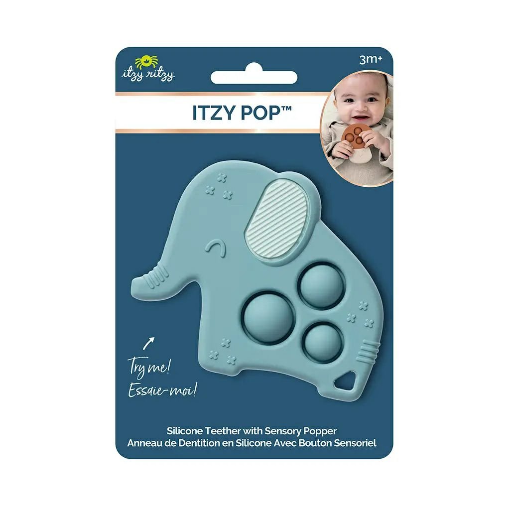 Itzy Ritzy Itzy Pop blue elephant popper sensory teether toy on package card sitting on white background.