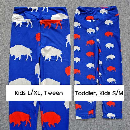 royal blue, red, and white buffalo print leggings in toddler and kids sizes.