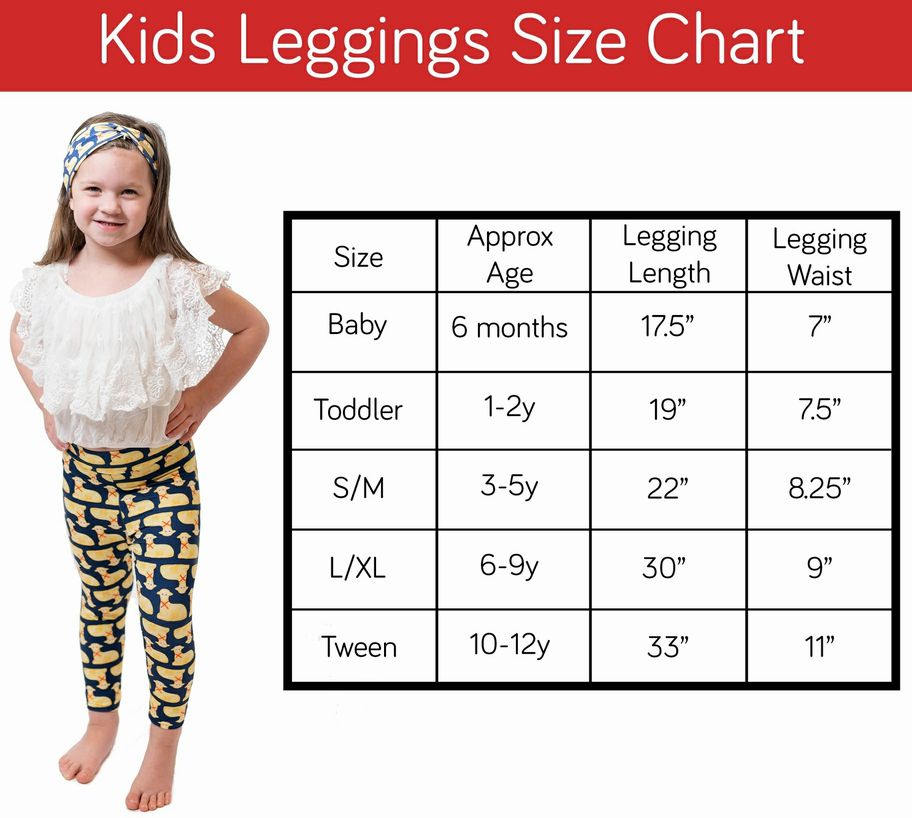 Kid's Buffalo Leggings size chart. Little Gift Nook.