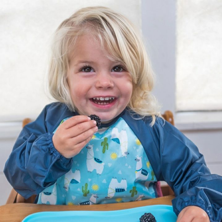 Toddler eating wearing a blue long sleeved dinosaur bib in a high chair. Little Gift Nook