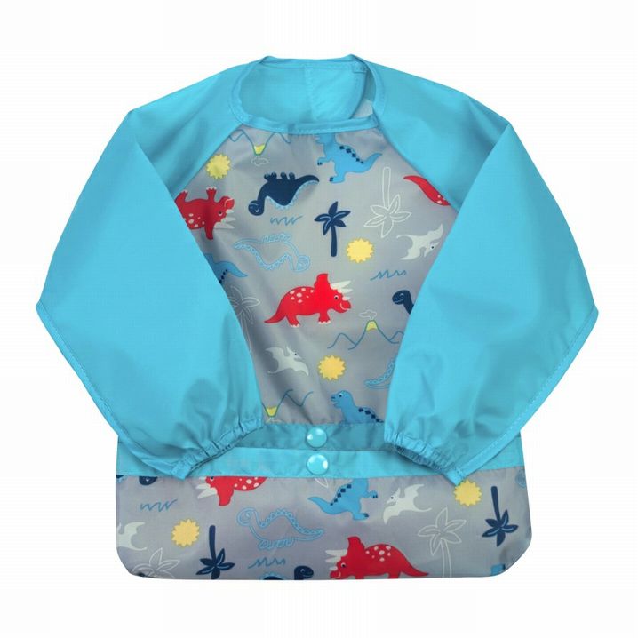 Blue long sleeve baby and toddler bib with dinosaur print on a white background. Little Gift Nook