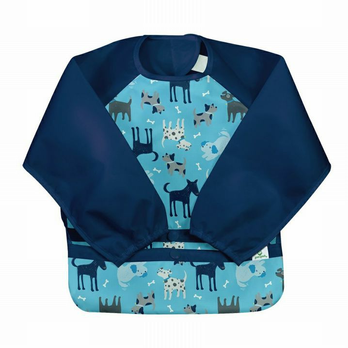 Navy and Blue long sleeve baby and toddler bib with puppy dog print sitting on white background. Little Gift Nook