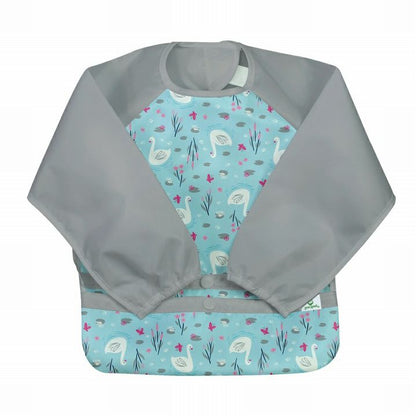 Gray, blue, and pink swan print baby long sleeve wipe off bib with pocket sitting on white background. Little Gift Nook