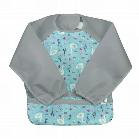 Gray, blue, and pink swan print baby long sleeve wipe off bib with pocket sitting on white background. Little Gift Nook