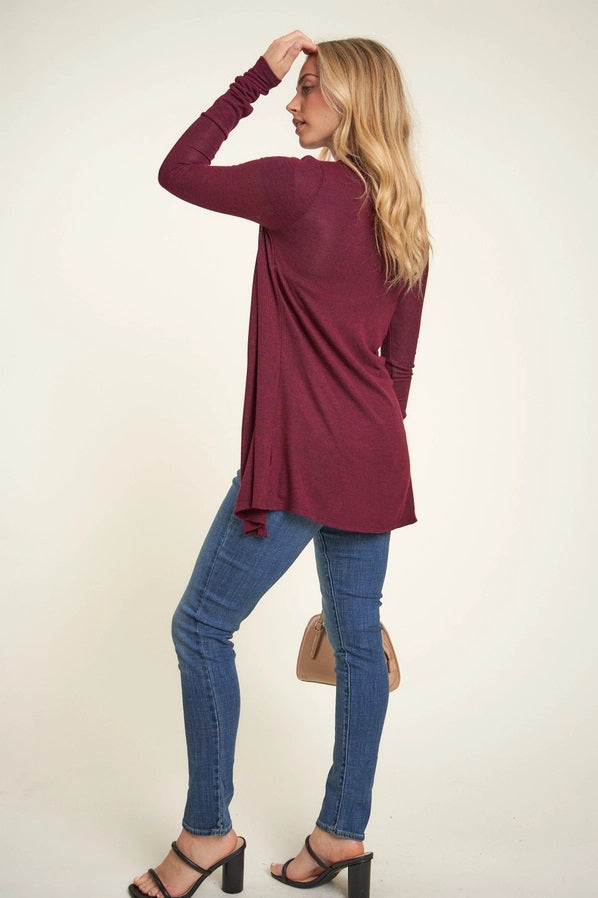Maroon Long Sleeved Women's Open Cardigan. Side/back view. - Little Gift Nook