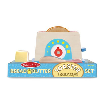 Melissa & Doug Bread & Butter Wooden Toast Toaster Set in package on a white background. Little Gift Nook